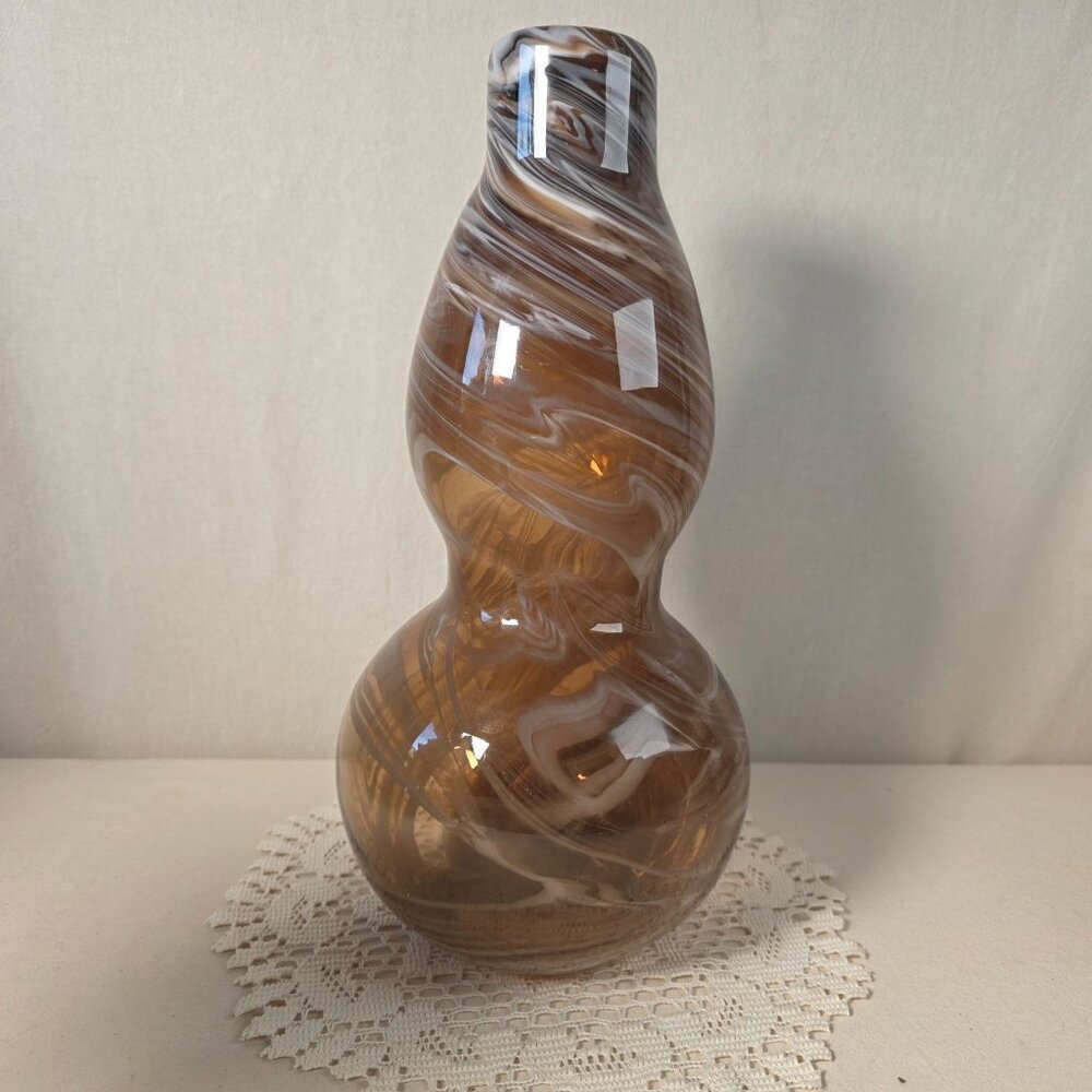 Vintage Hand Blown Glass Vase Double Gourd Shape 14" Swirled Brown & White Patte - Picture 3 of 6